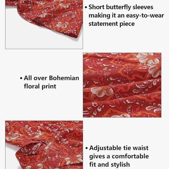 red bohemian floral print short butterfly sleeves adjustable tie waist - Picture 5 of 6